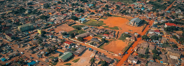 A drone shot of the vast landscape of Ghana, Accra.